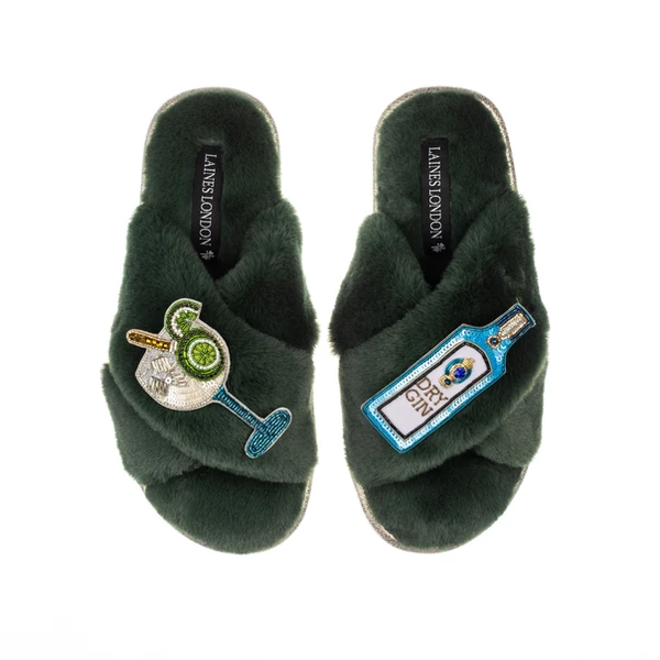 Laines London Classic Laines Slippers With Sapphire Gin & Glass Brooches