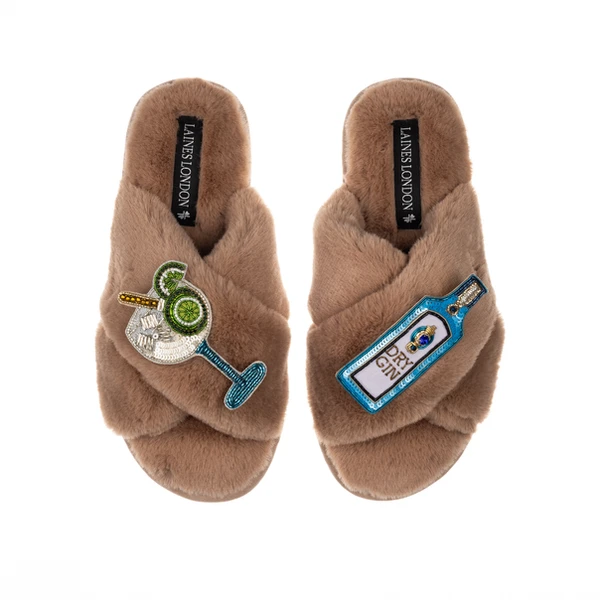 Laines London Classic Laines Slippers With Sapphire Gin & Glass Brooches