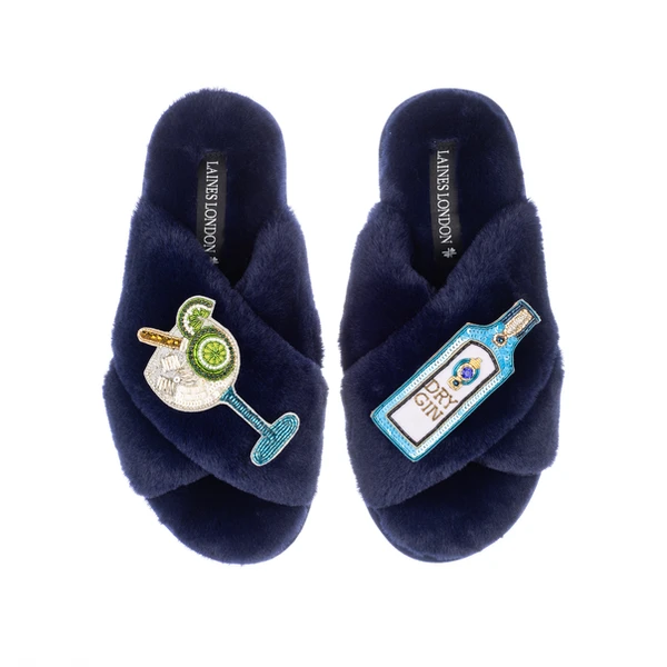 laines london Classic Laines Slippers With Sapphire Gin & Glass Brooches