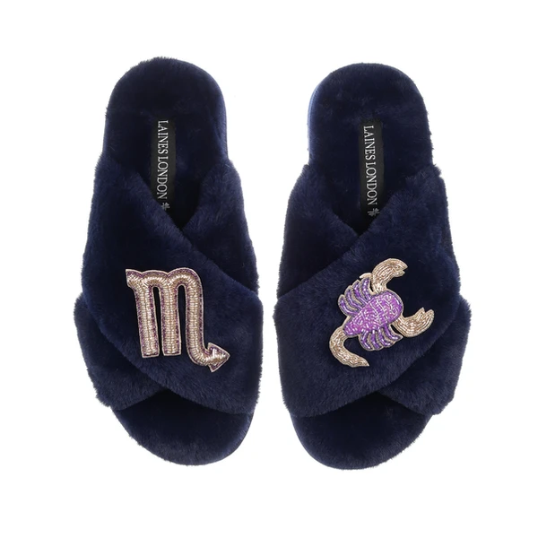 Laines London Classic Laines Slippers With Scorpio Star Sign Brooches
