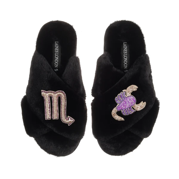 Laines London Classic Laines Slippers With Scorpio Star Sign Brooches