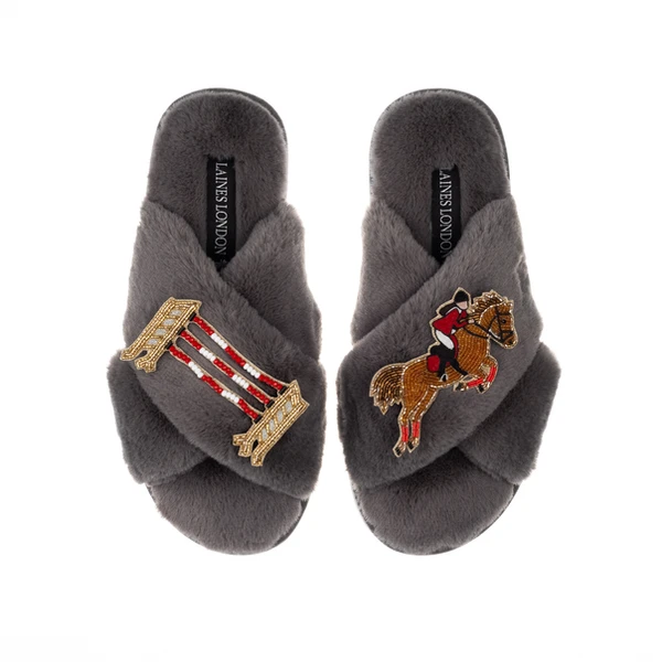 Laines London Classic Laines Slippers With Show Jump Horse Brooches