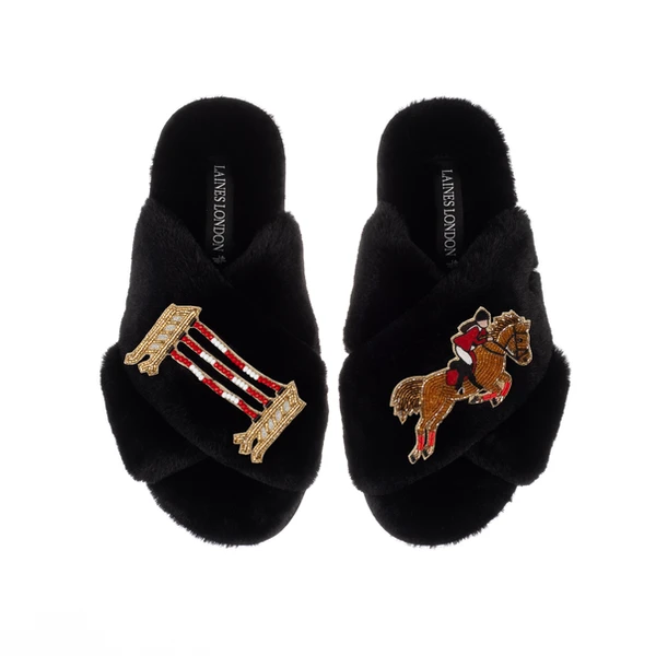 Laines London Classic Laines Slippers With Show Jump Horse Brooches