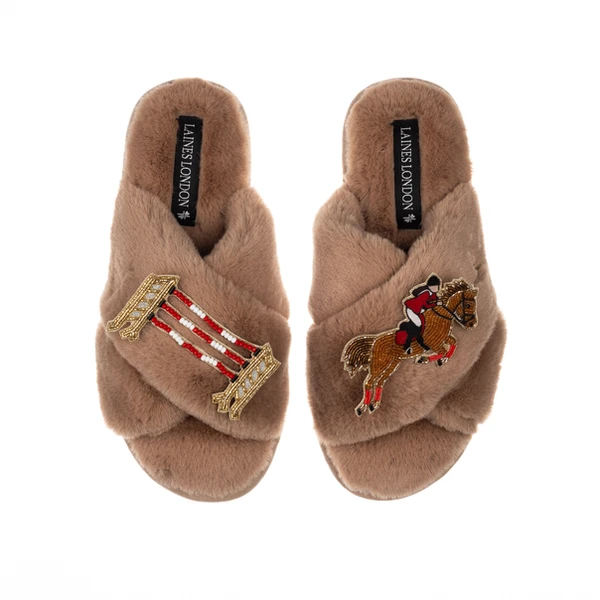 laines london Classic Laines Slippers With Show Jump Horse Brooches laines london Classic Laines Slippers With Show Jump Horse Brooches