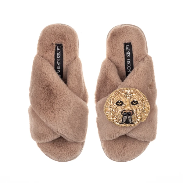 Laines London Classic Laines Slippers With Skip The Golden Lab Brooch