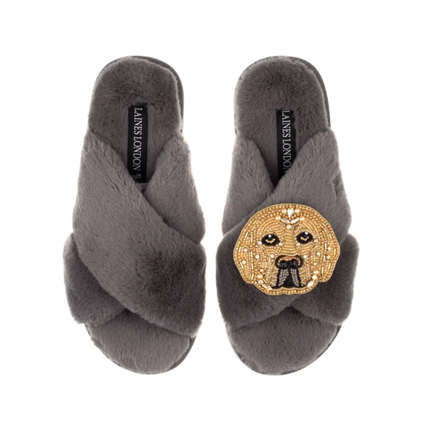 Laines London Classic Laines Slippers With Skip The Golden Lab Brooch