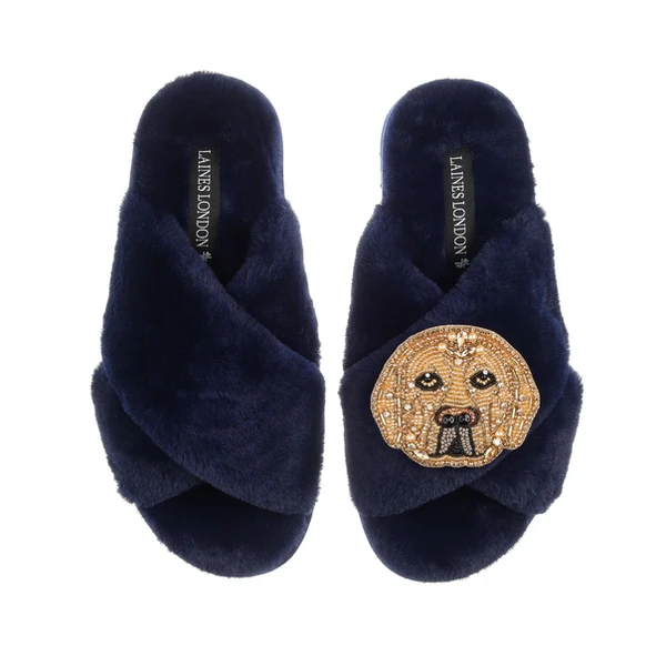 laines london Classic Laines Slippers With Skip The Golden Lab Brooch