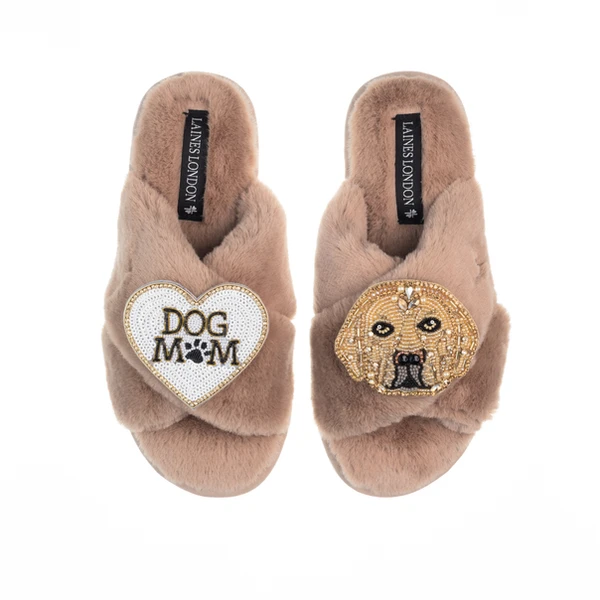 Laines London Classic Laines Slippers With Skip The Golden Lab & Dog Mum / Mom Brooches