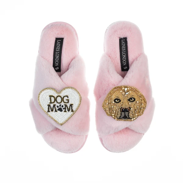 Laines London Classic Laines Slippers With Skip The Golden Lab & Dog Mum / Mom Brooches