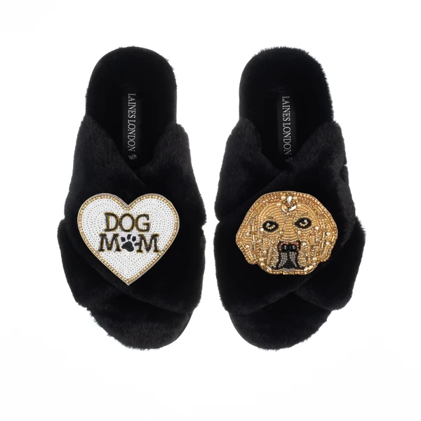 Laines London Classic Laines Slippers With Skip The Golden Lab & Dog Mum / Mom Brooches