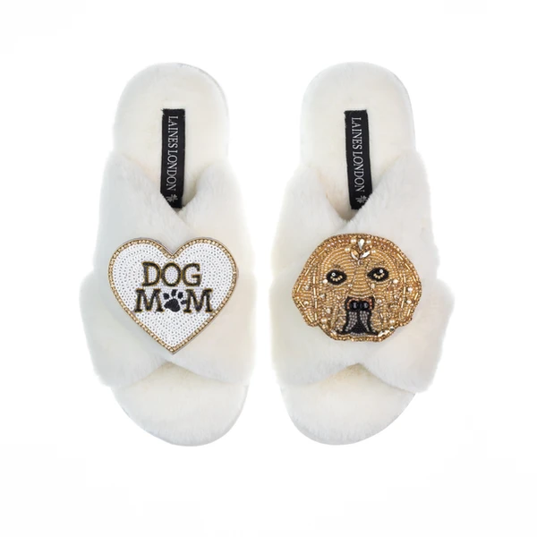 laines london Classic Laines Slippers With Skip The Golden Lab & Dog Mum / Mom Brooches