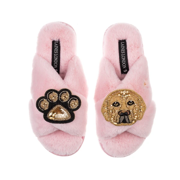 Laines London Classic Laines Slippers With Skip The Golden Lab & Paw Brooches