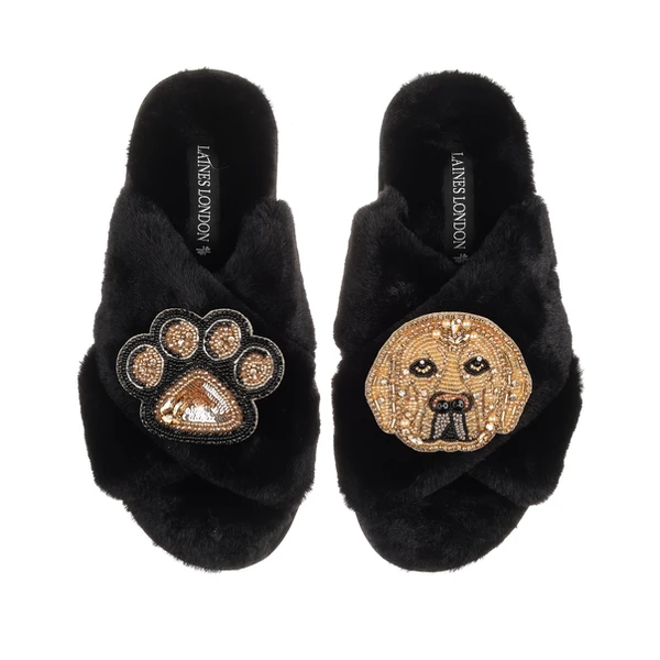 Laines London Classic Laines Slippers With Skip The Golden Lab & Paw Brooches