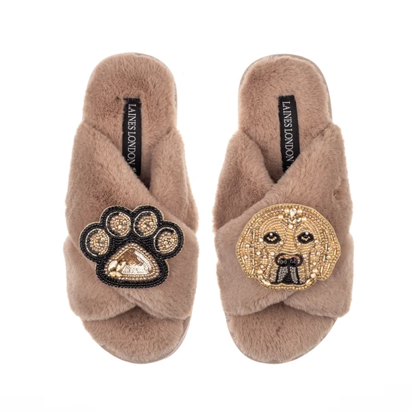 Laines London Classic Laines Slippers With Skip The Golden Lab & Paw Brooches