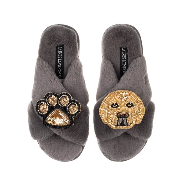 laines london Classic Laines Slippers With Skip The Golden Lab & Paw Brooches