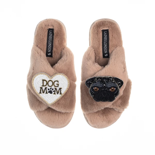 Laines London Classic Laines Slippers With Snoopy Pug & Dog Mum / Mom Brooches