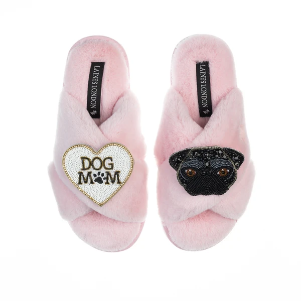 Laines London Classic Laines Slippers With Snoopy Pug & Dog Mum / Mom Brooches