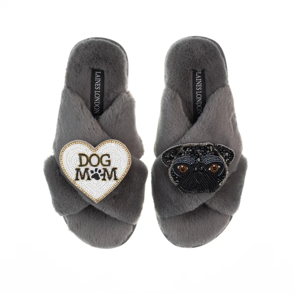 Laines London Classic Laines Slippers With Snoopy Pug & Dog Mum / Mom Brooches