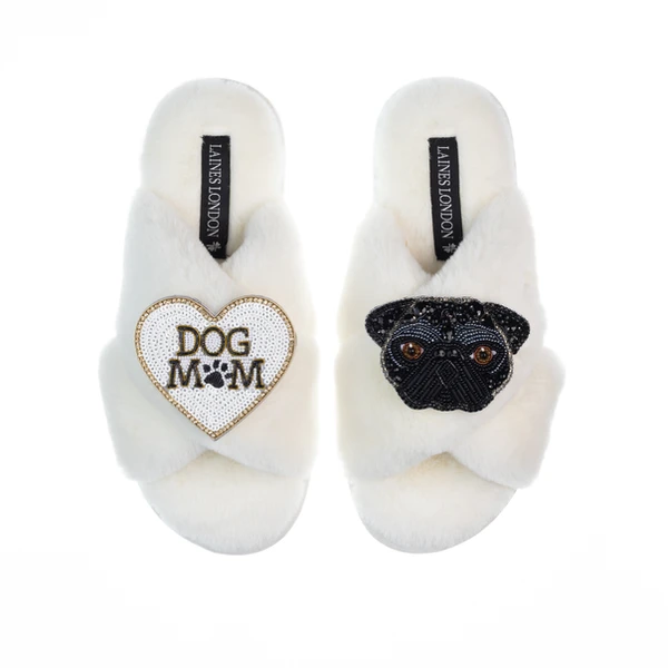laines london Classic Laines Slippers With Snoopy Pug & Dog Mum / Mom Brooches