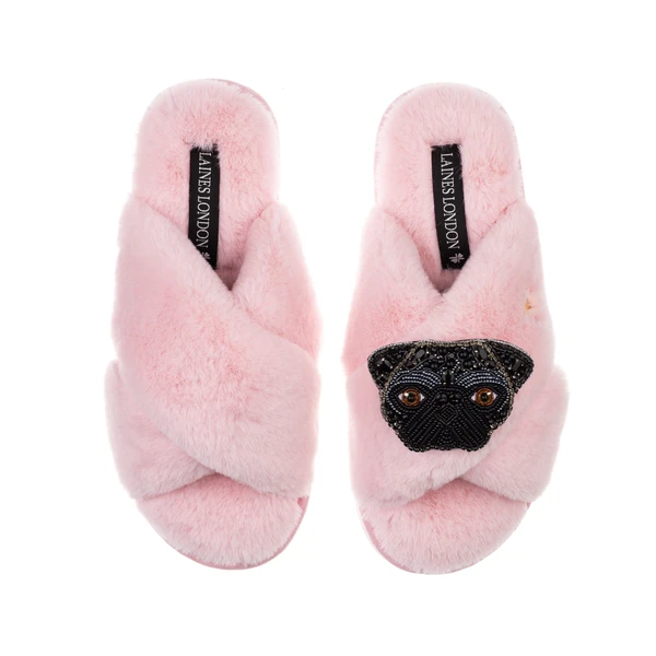 Laines London Classic Laines Slippers With Snoopy The Pug Brooch