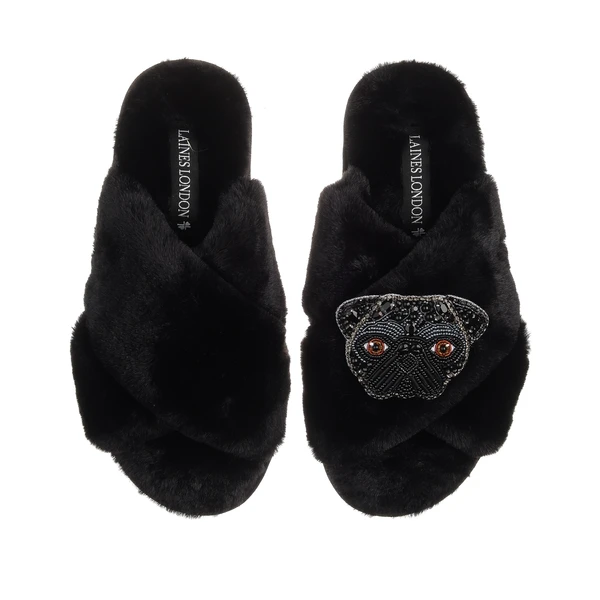 Laines London Classic Laines Slippers With Snoopy The Pug Brooch
