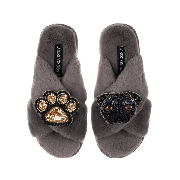 Laines London Classic Laines Slippers With Snoopy The Pug & Paw Brooches