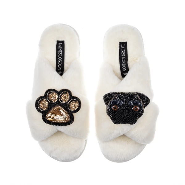 Laines London Classic Laines Slippers With Snoopy The Pug & Paw Brooches