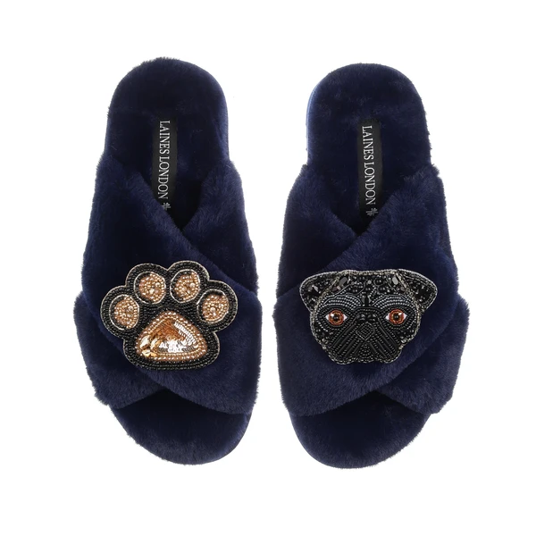 Laines London Classic Laines Slippers With Snoopy The Pug & Paw Brooches