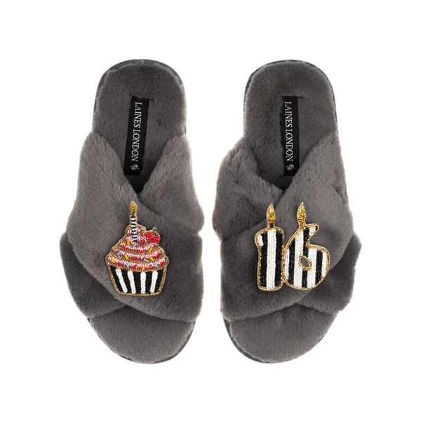 Laines London Classic Laines Slippers With Stripe 16th Birthday & Cake Brooches