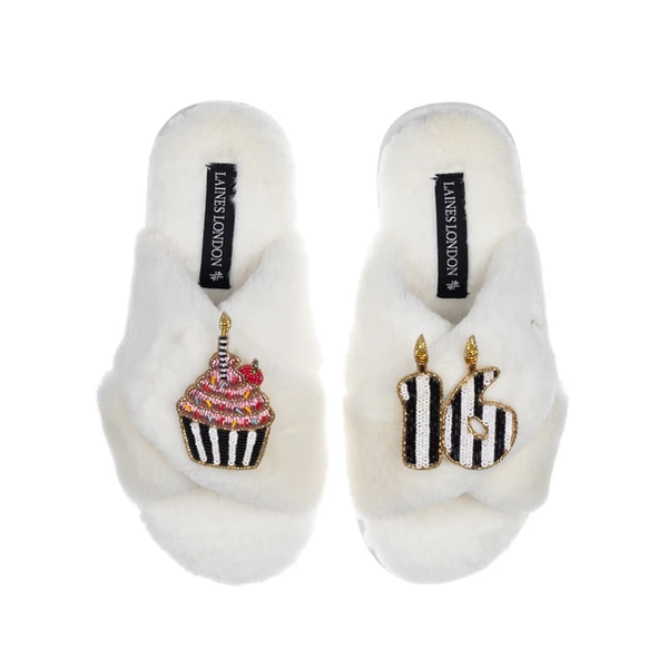 Laines London Classic Laines Slippers With Stripe 16th Birthday & Cake Brooches