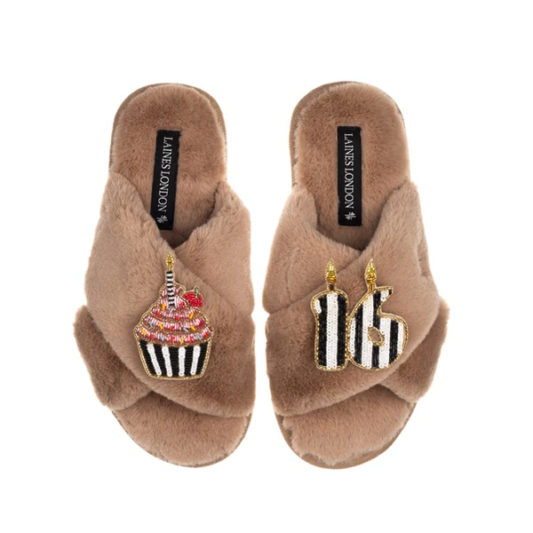 Laines London Classic Laines Slippers With Stripe 16th Birthday & Cake Brooches