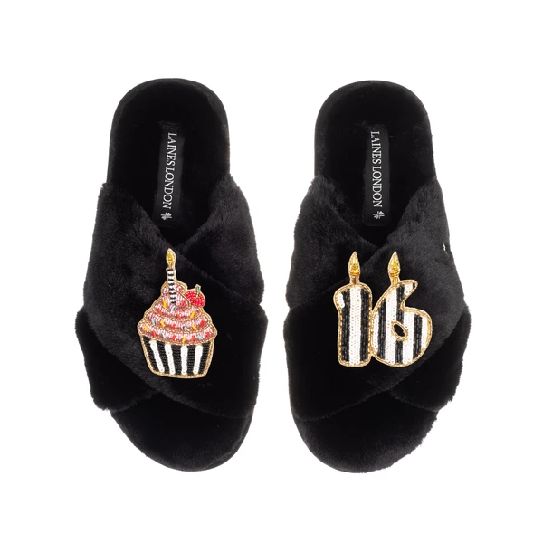 laines london Classic Laines Slippers With Stripe 16th Birthday & Cake Brooches