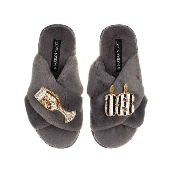 Laines London Classic Laines Slippers With Stripe 18th Birthday & Glass Of Champagne Brooches