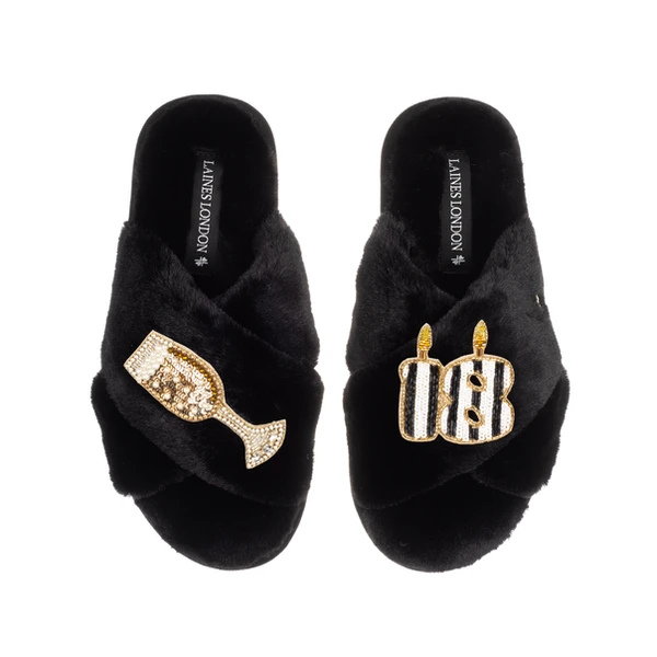 Laines London Classic Laines Slippers With Stripe 18th Birthday & Glass Of Champagne Brooches