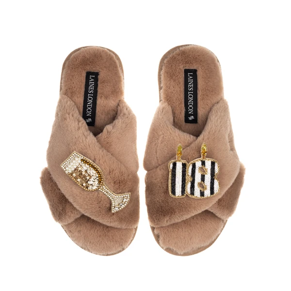 Laines London Classic Laines Slippers With Stripe 18th Birthday & Glass Of Champagne Brooches