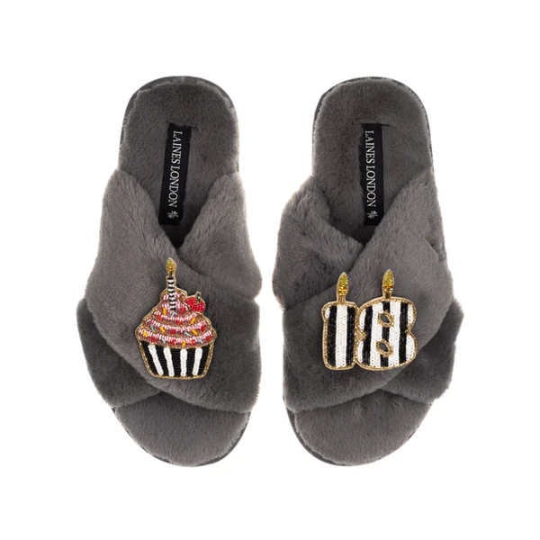 Laines London Classic Laines Slippers With Stripe 18th Birthday & Cake Brooches