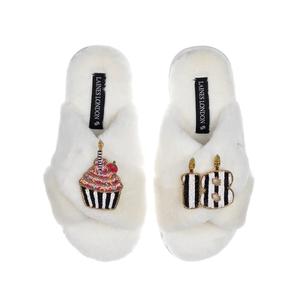 Laines London Classic Laines Slippers With Stripe 18th Birthday & Cake Brooches