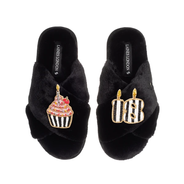 Laines London Classic Laines Slippers With Stripe 18th Birthday & Cake Brooches
