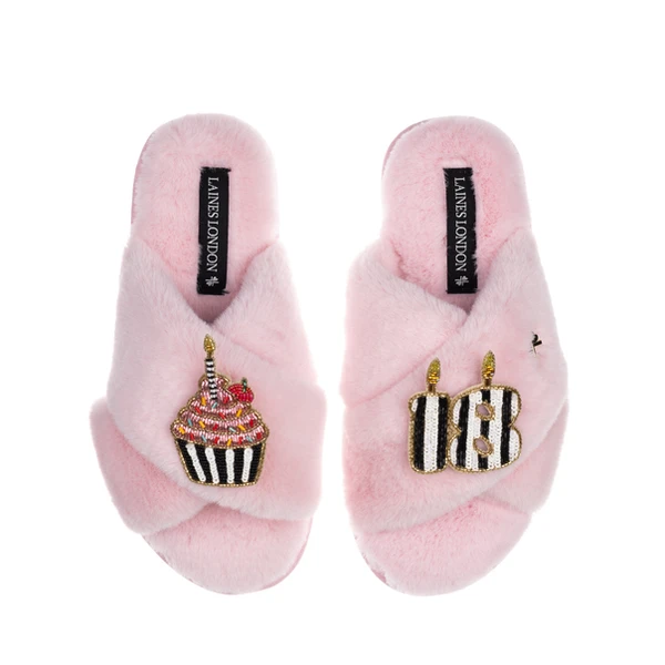 laines london Classic Laines Slippers With Stripe 18th Birthday & Cake Brooches