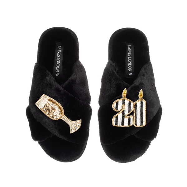 Laines London Classic Laines Slippers With Stripe 21st Birthday & Glass Of Champagne Brooches