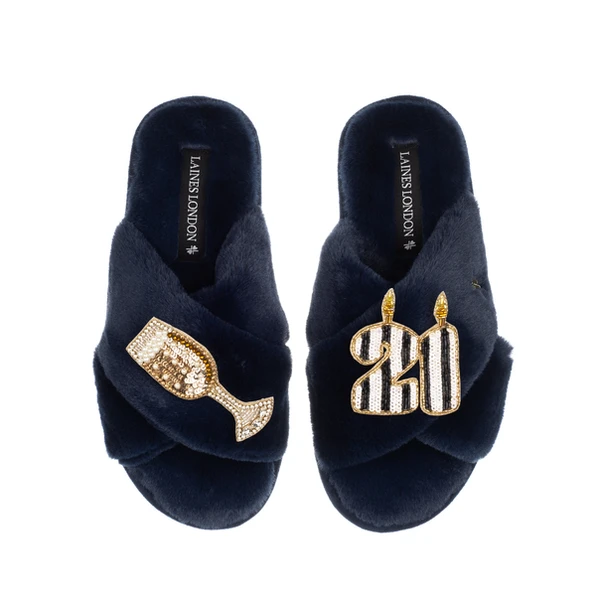 Laines London Classic Laines Slippers With Stripe 21st Birthday & Glass Of Champagne Brooches