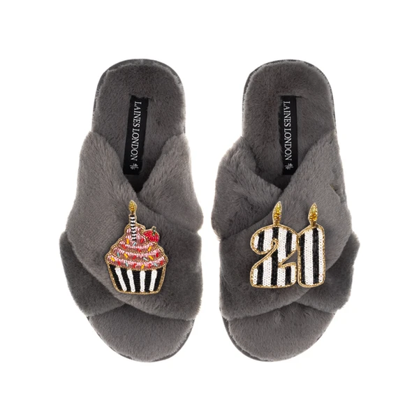Laines London Classic Laines Slippers With Stripe 21st Birthday & Cake Brooches