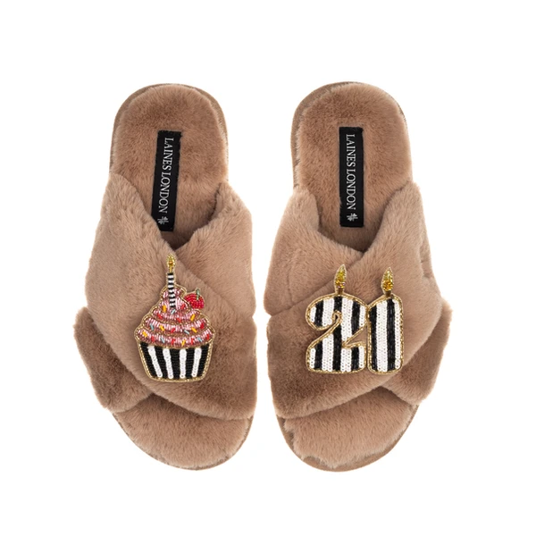 Laines London Classic Laines Slippers With Stripe 21st Birthday & Cake Brooches