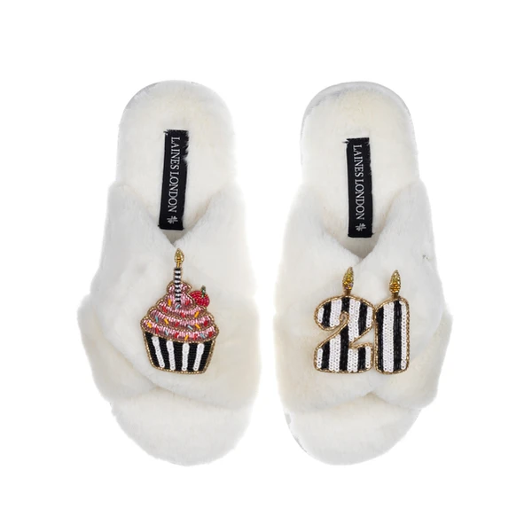 laines london Classic Laines Slippers With Stripe 21st Birthday & Cake Brooches