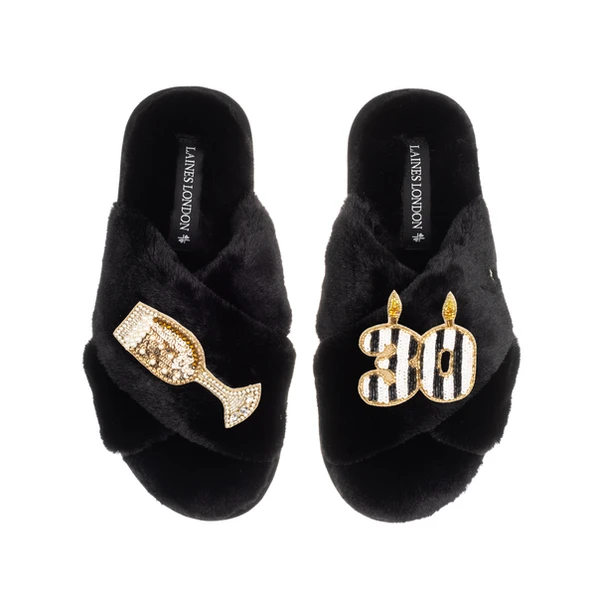 Laines London Classic Laines Slippers With Stripe 30th Birthday & Glass Of Champagne Brooches