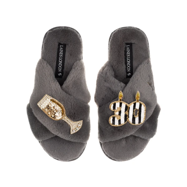 Laines London Classic Laines Slippers With Stripe 30th Birthday & Glass Of Champagne Brooches