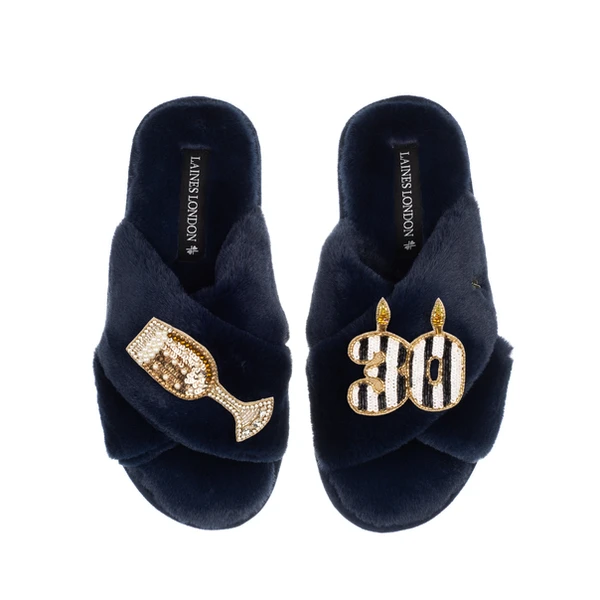 Laines London Classic Laines Slippers With Stripe 30th Birthday & Glass Of Champagne Brooches