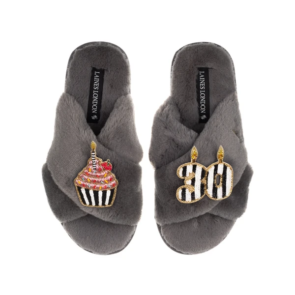 Laines London Classic Laines Slippers With Stripe 30th Birthday & Cake Brooches