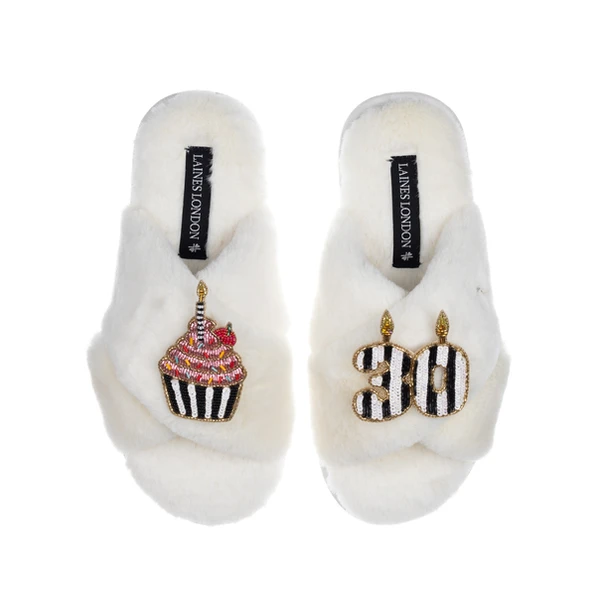 Laines London Classic Laines Slippers With Stripe 30th Birthday & Cake Brooches
