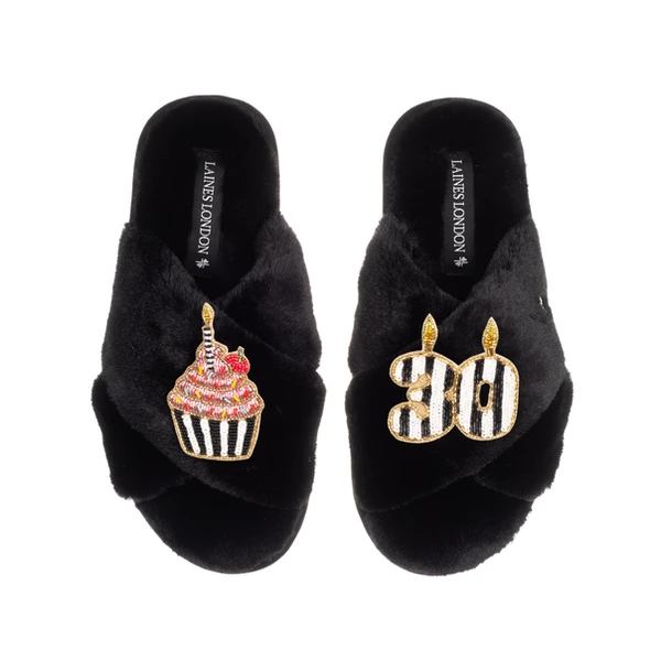 Laines London Classic Laines Slippers With Stripe 30th Birthday & Cake Brooches